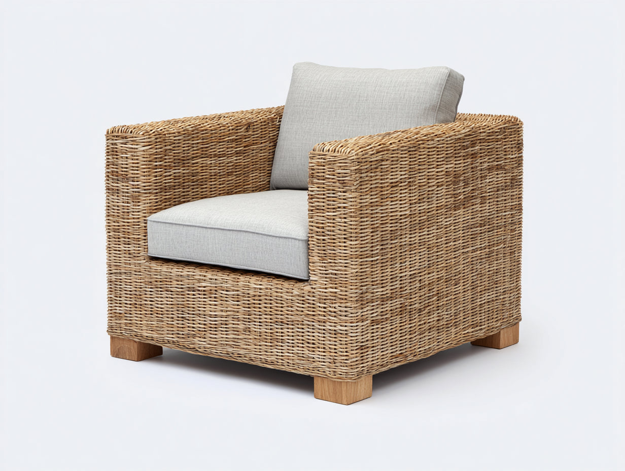 Polyrattan Gartensessel aus Geflecht 88x82x80 cm - Naturholz und Hellgrau - Modernes Design für Terrasse