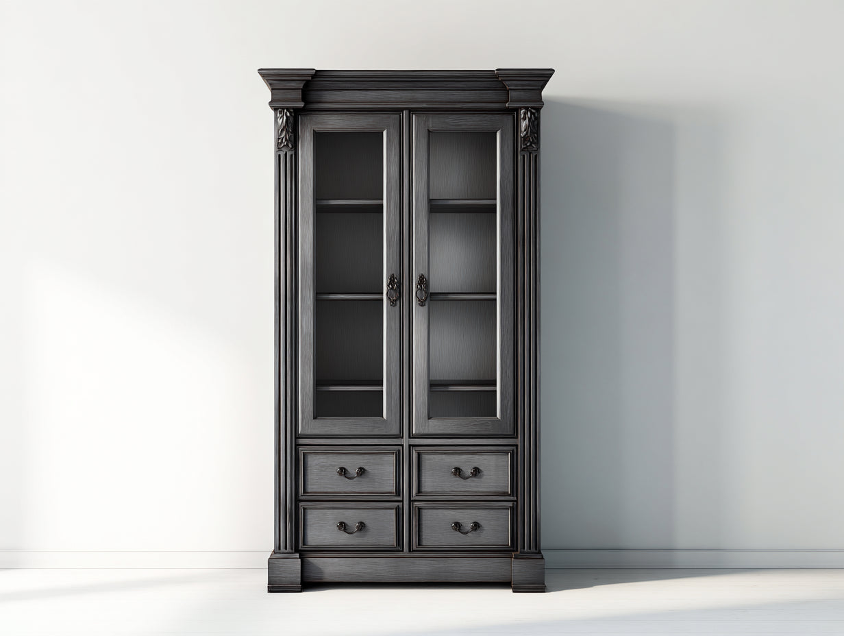 Vitrinen 95x42x185 cm aus Holz und Glas - Dunkelgrau - klassischer Landhausstil mit 4 Schubladen